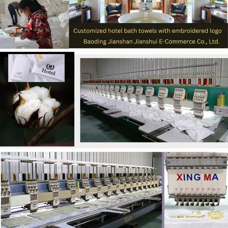 Multi-head embroidery machines working on white towels